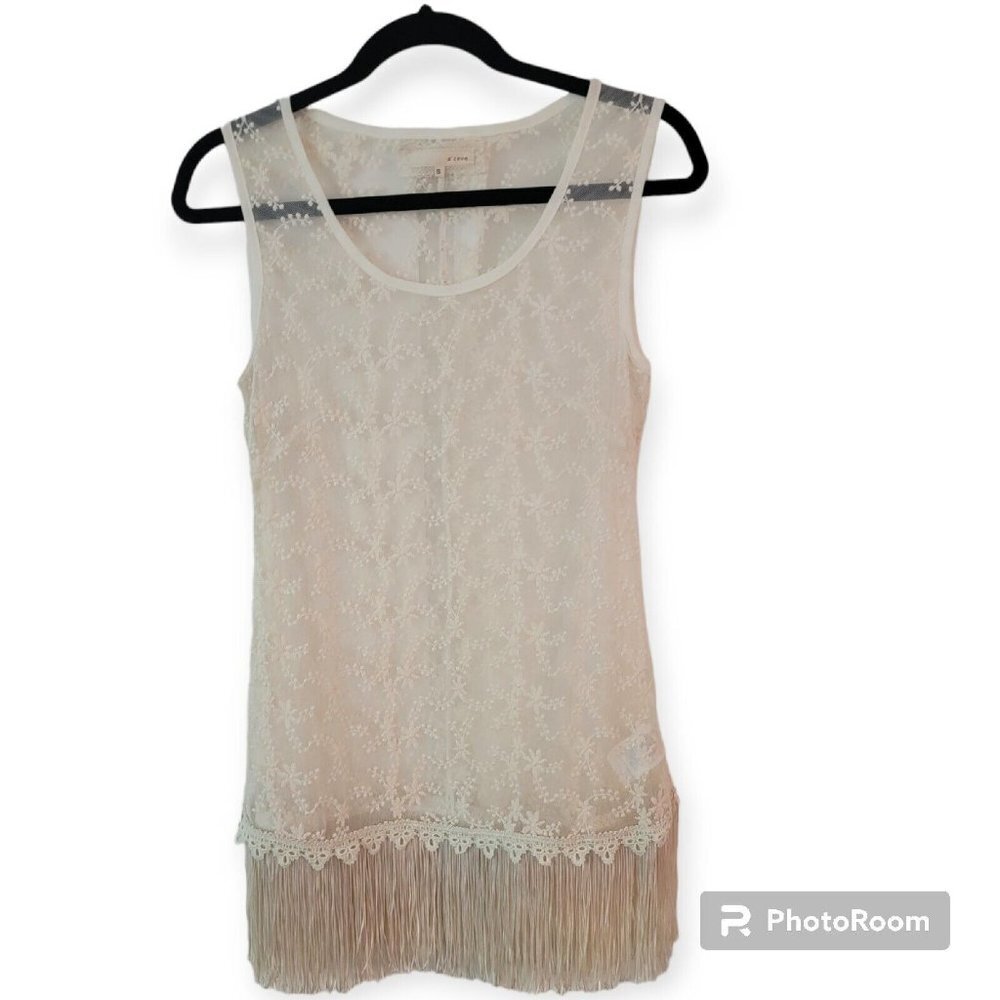 A'reve Womens Cream Mesh Fringe Tunic size Small